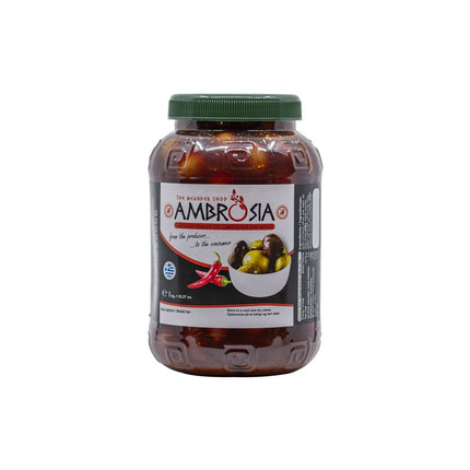 Black and Green Olives with Chili 1kg - The Meander Shop