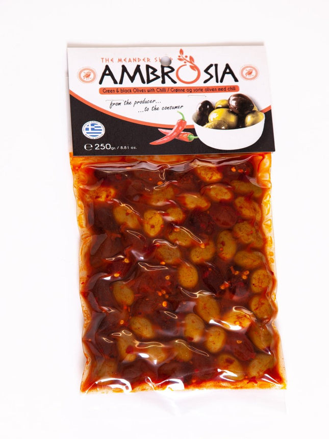 Black and Green Olives with Chili 250 - 1kg - The Meander Shop